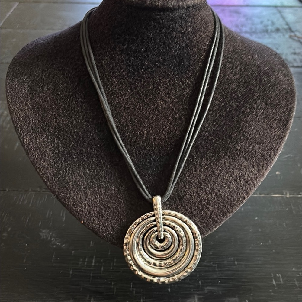Hammered Silver Spiral Pendant Leather Necklace
